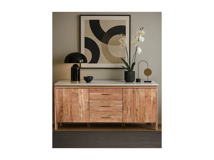 Havena - Buffet en bois massif et marbre blanc 180 cm