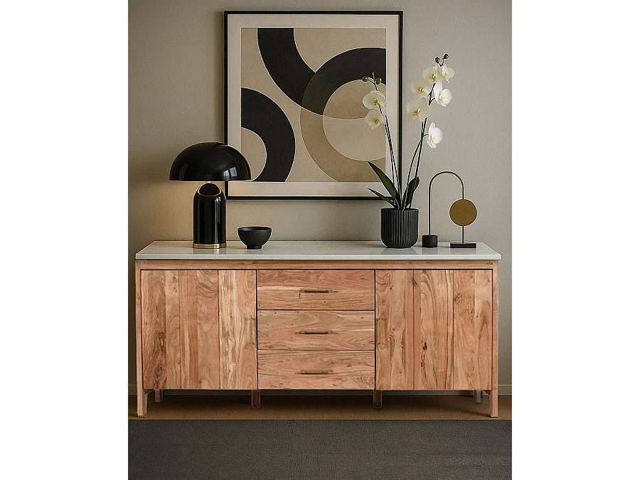 Havena - Buffet en bois massif et marbre blanc 180 cm