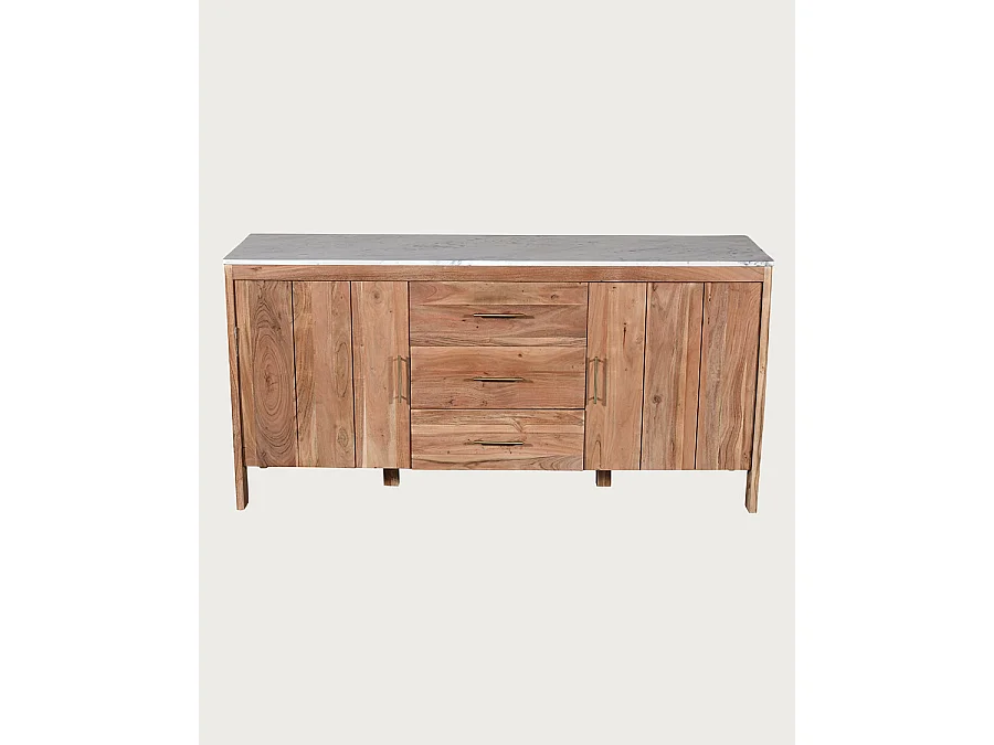 Havena - Buffet en bois massif et marbre blanc 180 cm