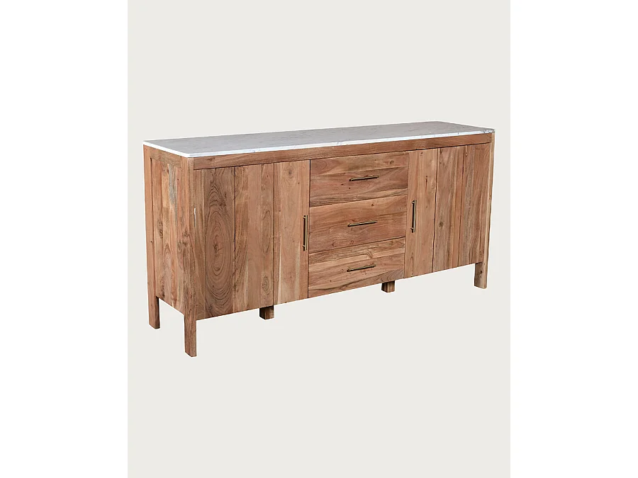 Havena - Buffet en bois massif et marbre blanc 180 cm