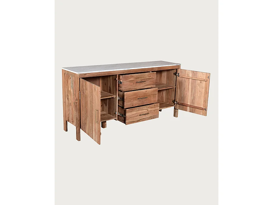 Havena - Buffet en bois massif et marbre blanc 180 cm