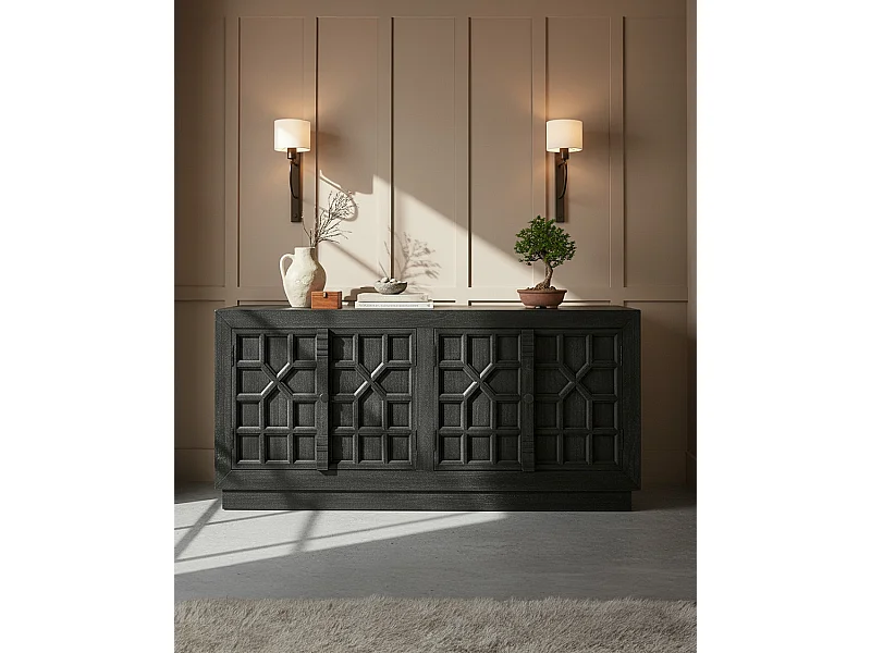 Zaraya - Buffet bas sculpté en bois massif de manguier 185 cm