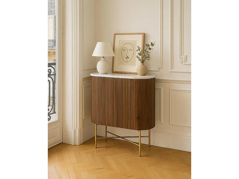 Céline - Buffet 2 portes en bois massif de manguier et marbre blanc 65 cm