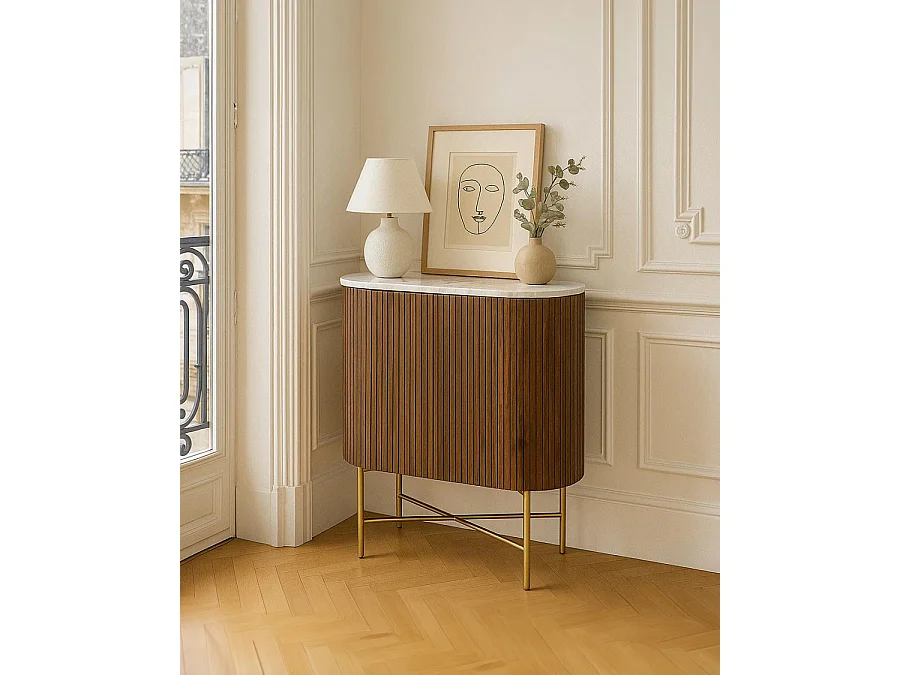 Céline - Buffet 2 portes en bois massif de manguier et marbre blanc 65 cm