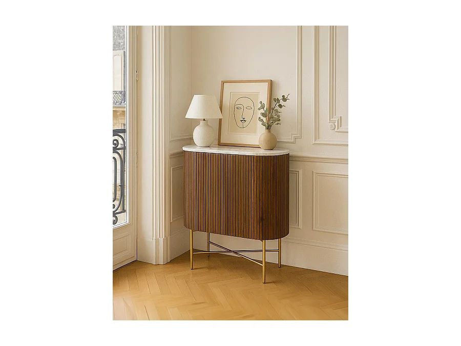 Céline - Buffet 2 portes en bois massif de manguier et marbre blanc 65 cm