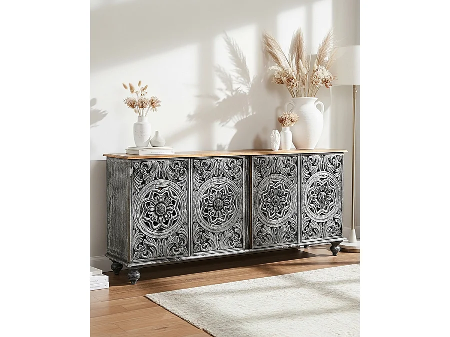 Lotus - Grand buffet noir cérusé en manguier massif sculpté 180 cm