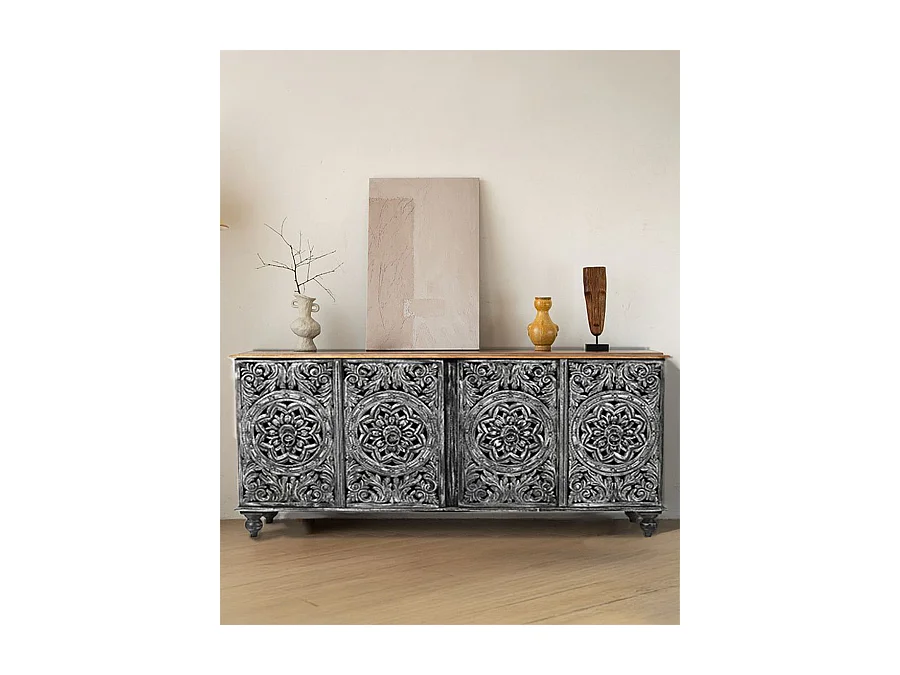 Lotus - Grand buffet noir cérusé en manguier massif sculpté 180 cm