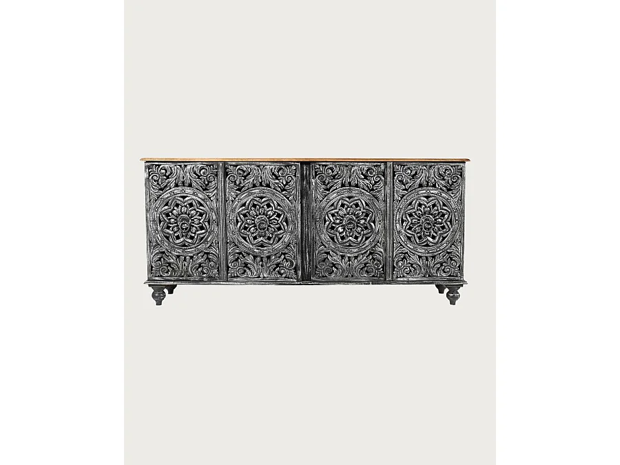 Lotus - Grand buffet noir cérusé en manguier massif sculpté 180 cm