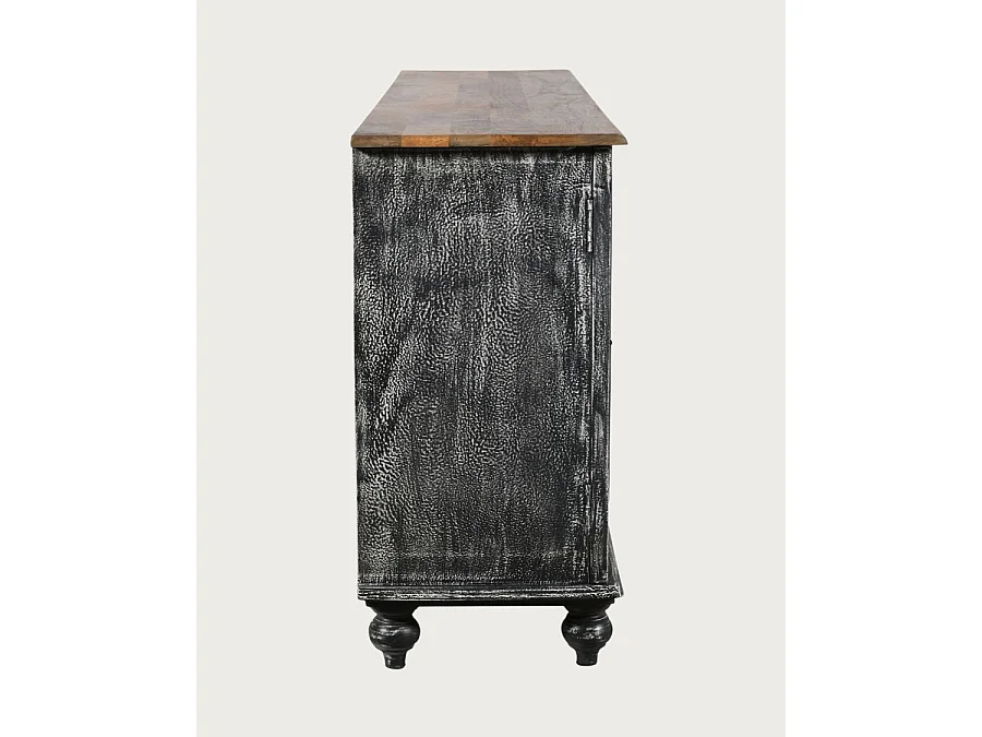 Lotus - Grand buffet noir cérusé en manguier massif sculpté 180 cm