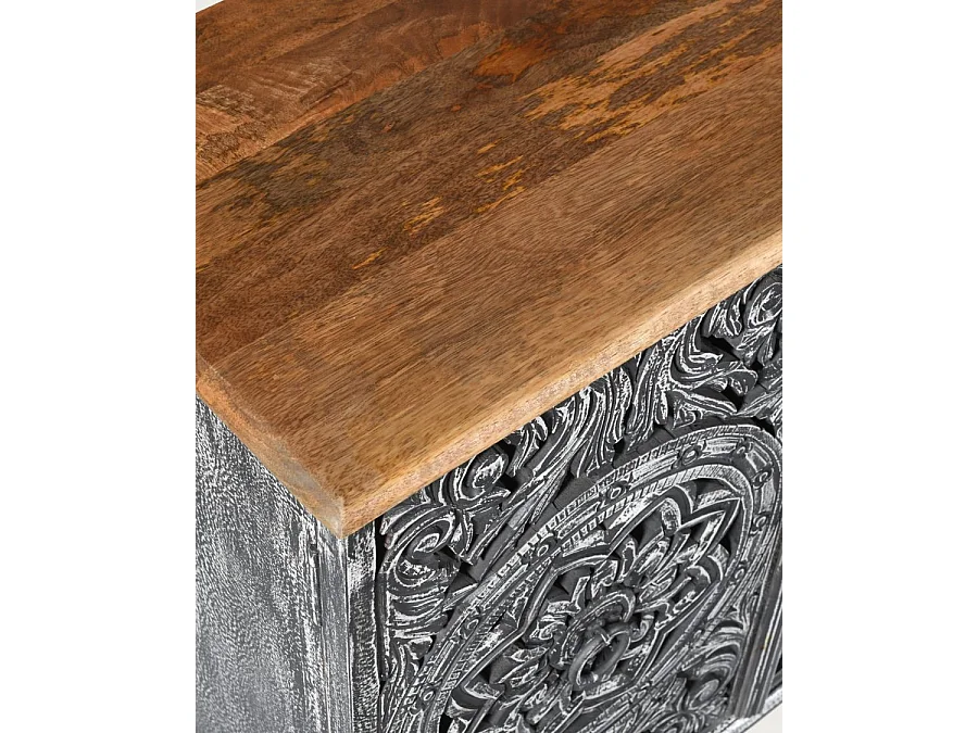 Lotus - Grand buffet noir cérusé en manguier massif sculpté 180 cm