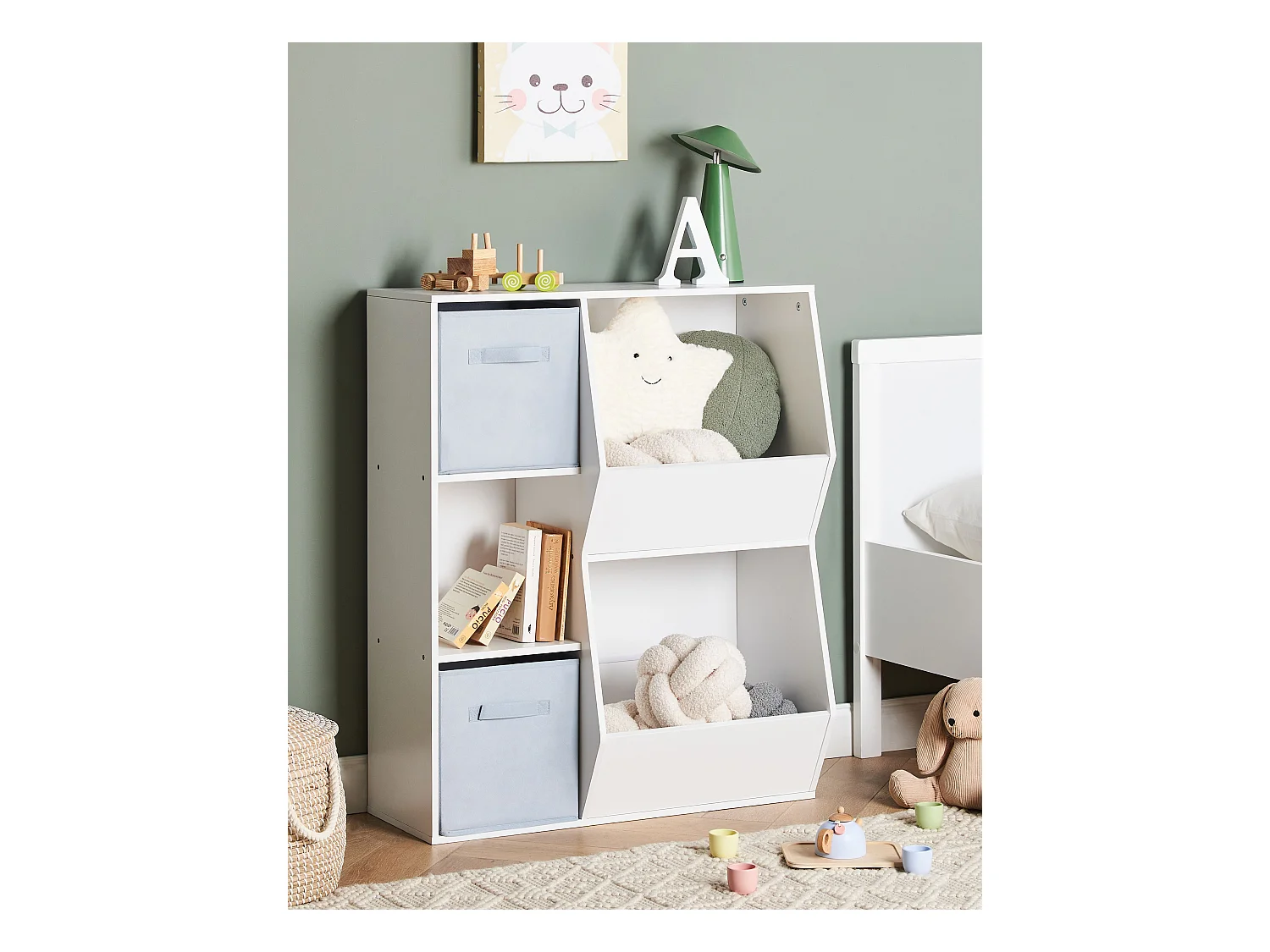 Bücherregal mit 3 Regalebenen Bücherregal Kinderzimmer Spanplatte mit Vliesstoffboxen Weiß Darlot
