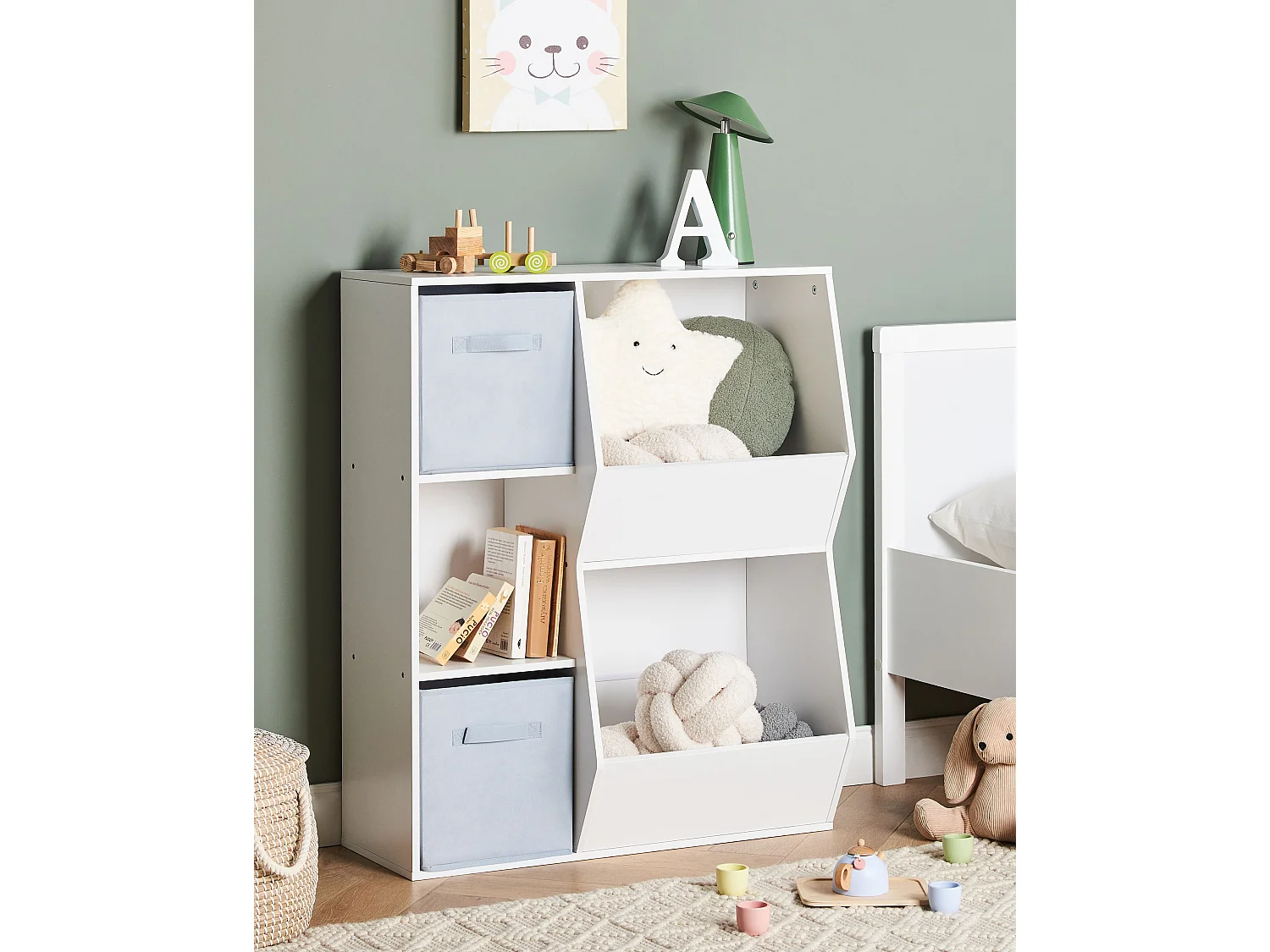Bücherregal mit 3 Regalebenen Bücherregal Kinderzimmer Spanplatte mit Vliesstoffboxen Weiß Darlot