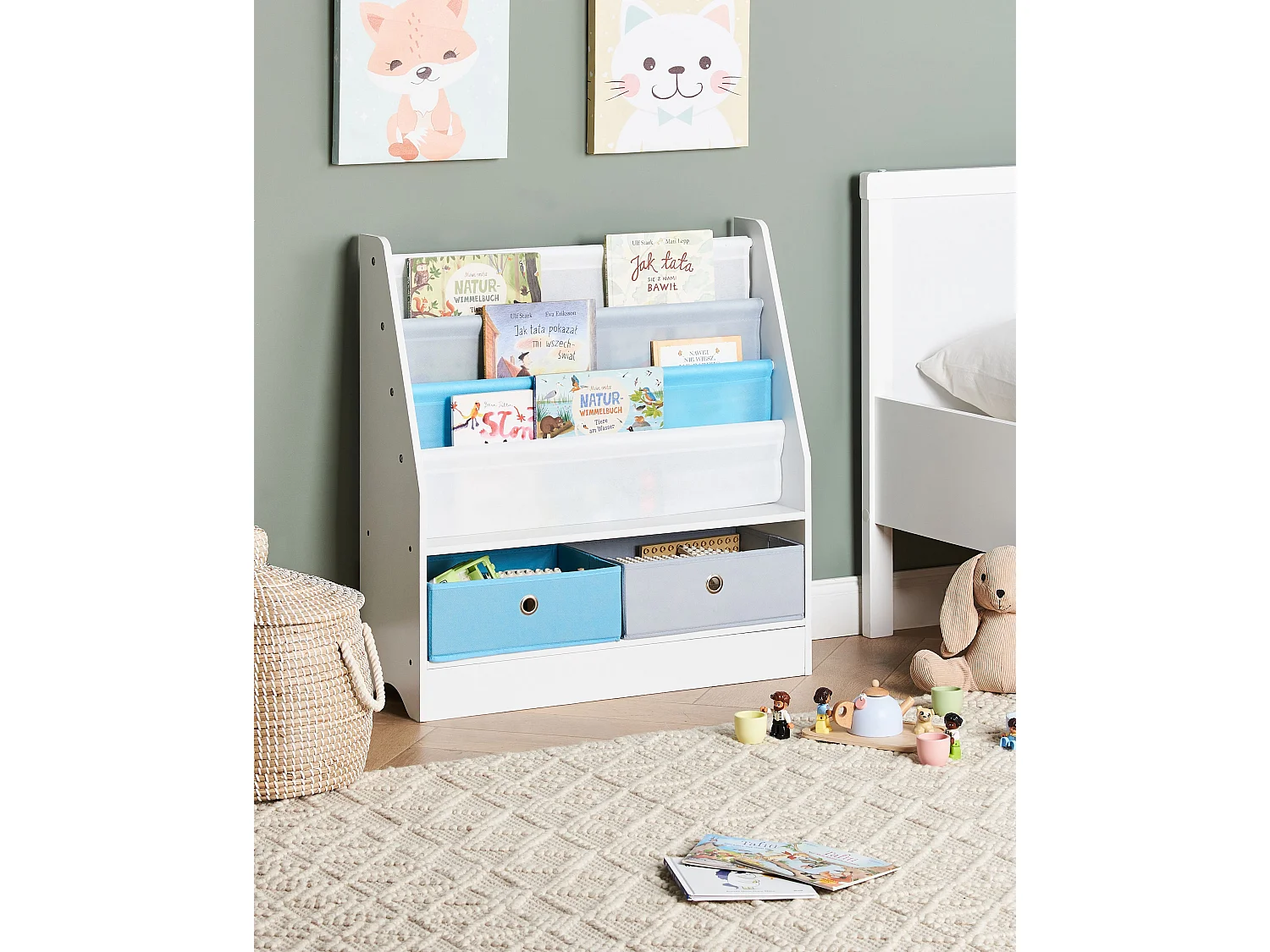 Bücherregal mit 3 Regalebenen Kinderzimmer Spanplattenregal mit zwei Stoffboxen Weiß Tumby