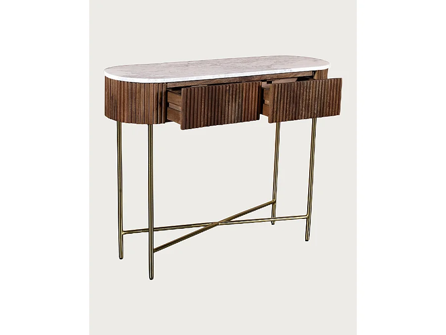 Céline - Console en bois de manguier massif et marbre blanc 100 cm