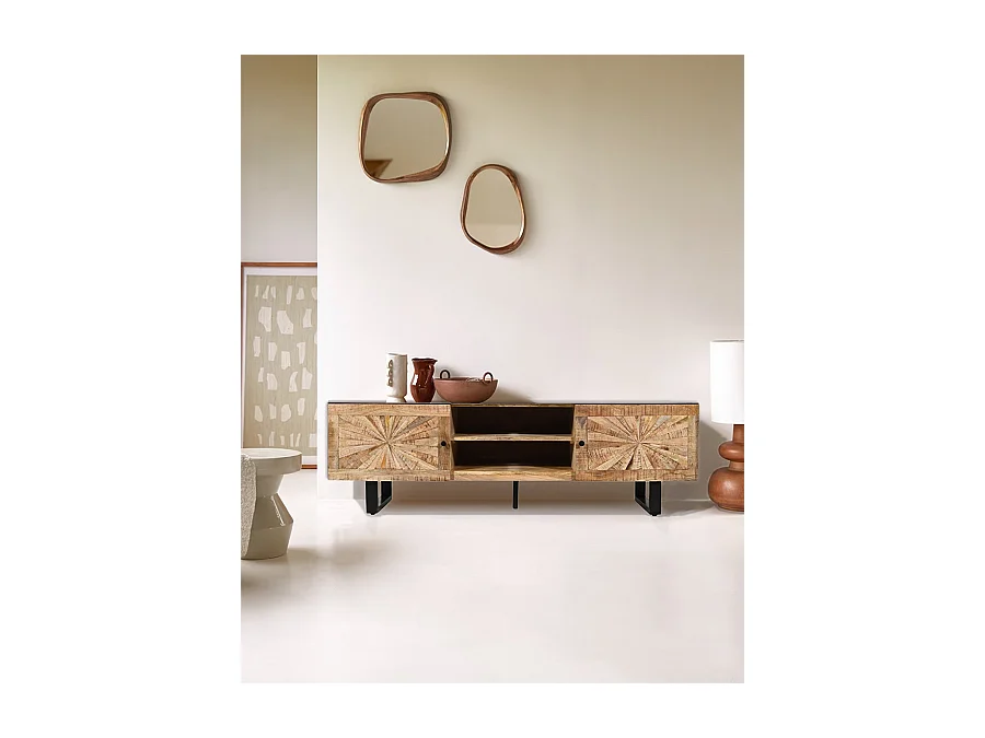 Sunet - Meuble TV en bois massif de manguier et marbre blanc 160 cm