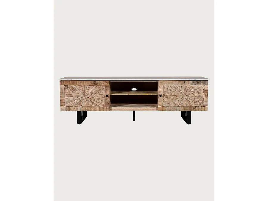 Sunet - Mobile porta TV in legno massello di mango e marmo bianco, 160 cm