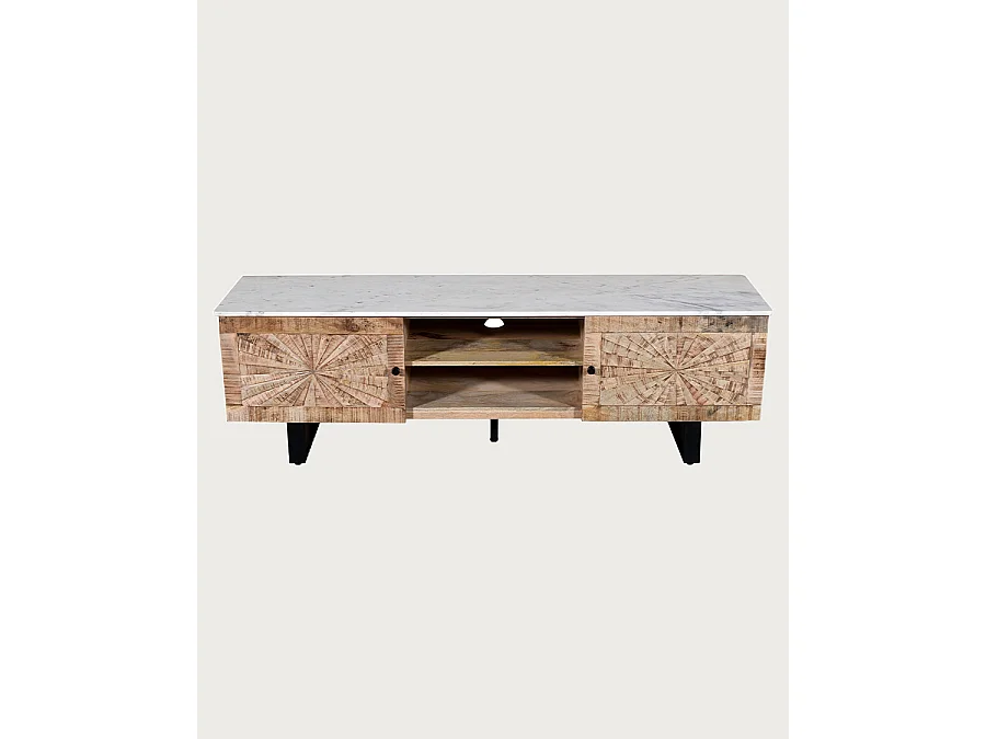 Sunet - Mobile porta TV in legno massello di mango e marmo bianco, 160 cm