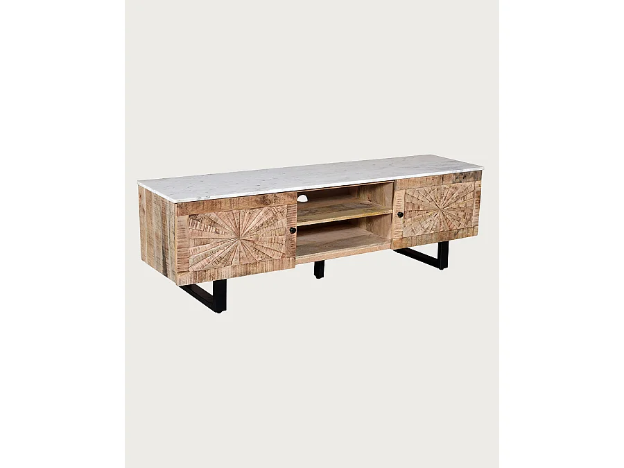 Sunet - Mobile porta TV in legno massello di mango e marmo bianco, 160 cm