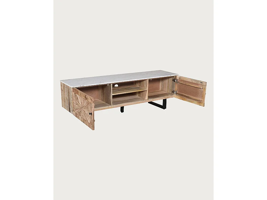 Sunet - Mobile porta TV in legno massello di mango e marmo bianco, 160 cm