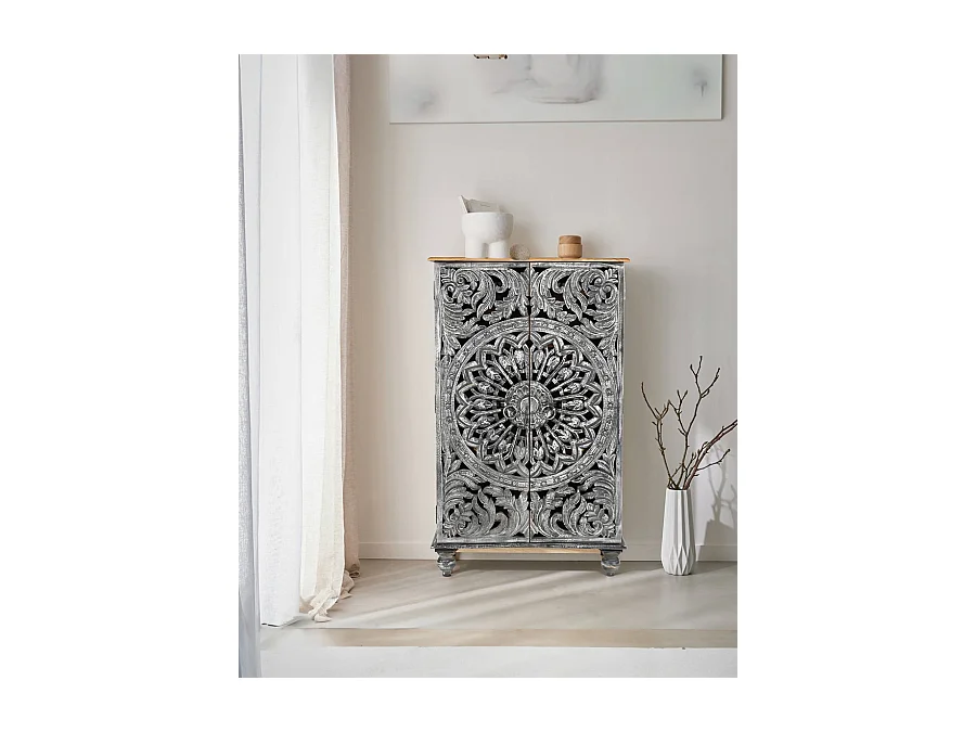 Lotus-Petit armoire cérusé en bois massif de manguier