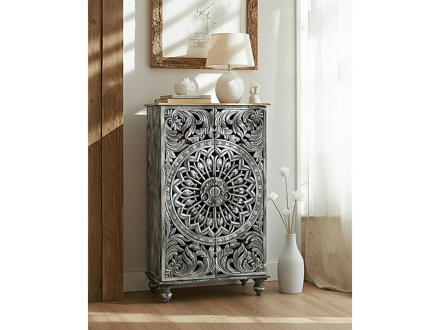 Lotus-Petit armoire cérusé en bois massif de manguier