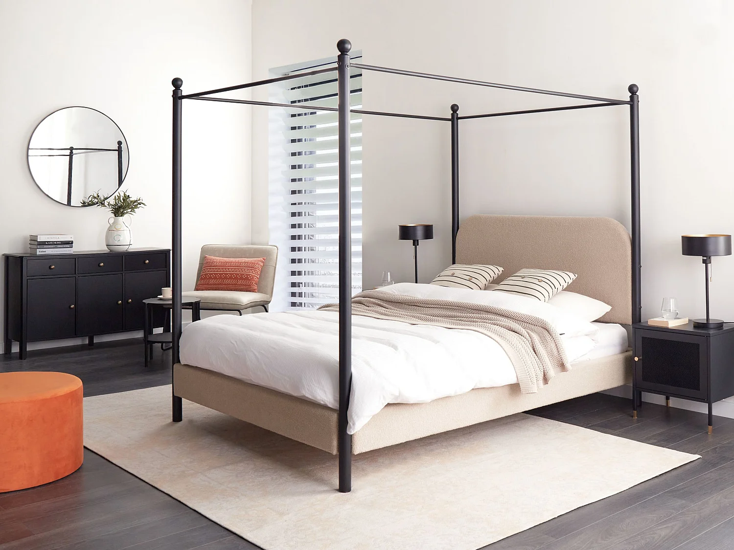 Łóżko z baldachimem Boucle DANNEMOIS 140 x 200 cm Beżowoszary