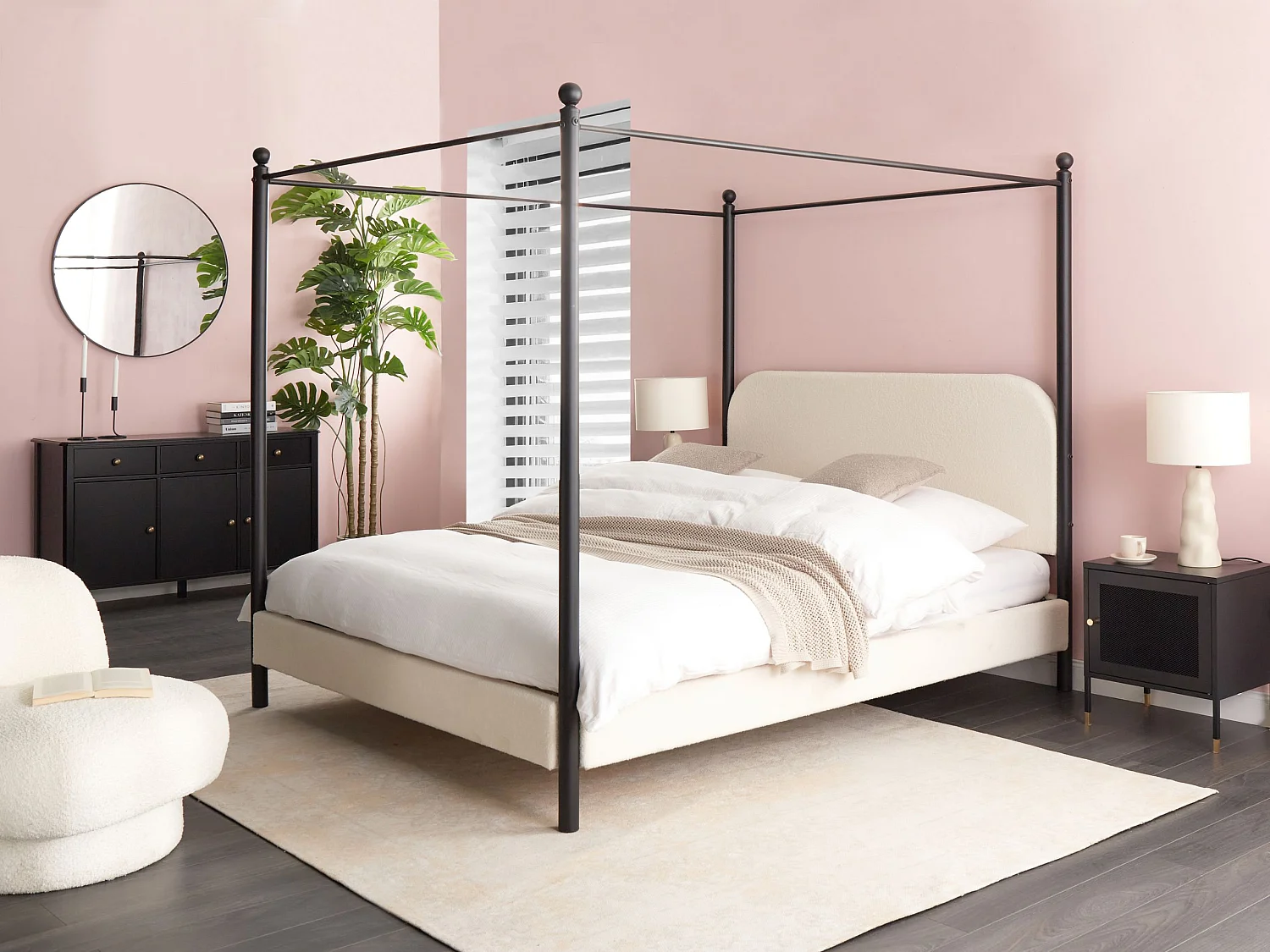 Letto a baldacchino Bouclé DANNEMOIS 160 x 200 cm Bianco sporco