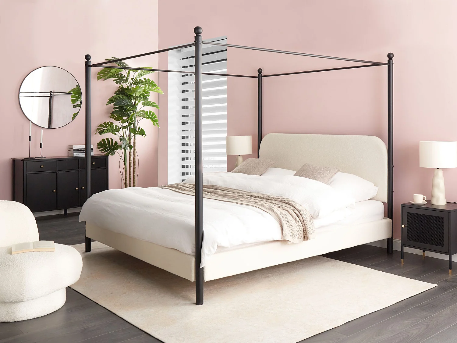 Lit à baldaquin Bouclé DANNEMOIS 180 x 200 cm Blanc cassé