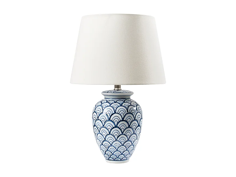Tischlampe Porzellansockel Leinen Lampenschirm mit Muster Beleuchtung Wohnzimmer Schlafzimmer Blau und Weiß Jauca