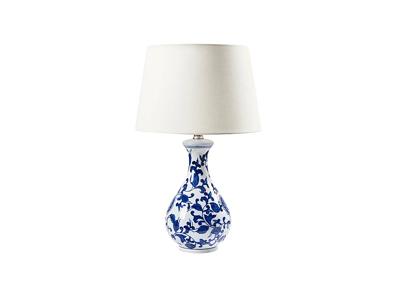 Tischlampe Porzellan Vasenfuß weiß / blau Stoffschirm Trommelform 48 cm Carmen