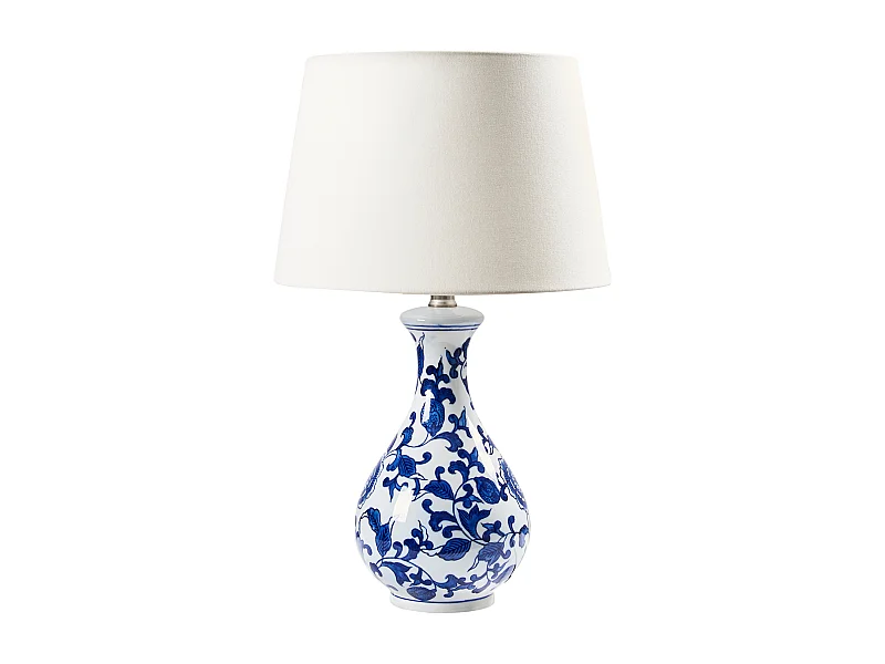 Tischlampe Porzellan Vasenfuß weiß / blau Stoffschirm Trommelform 48 cm Carmen