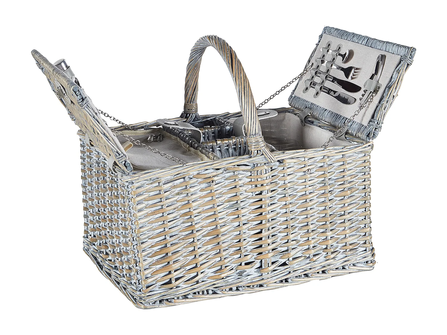 Picknickkorb 4 Personen Weide grau Kühltasche Teller Besteck Weingläser Groseille