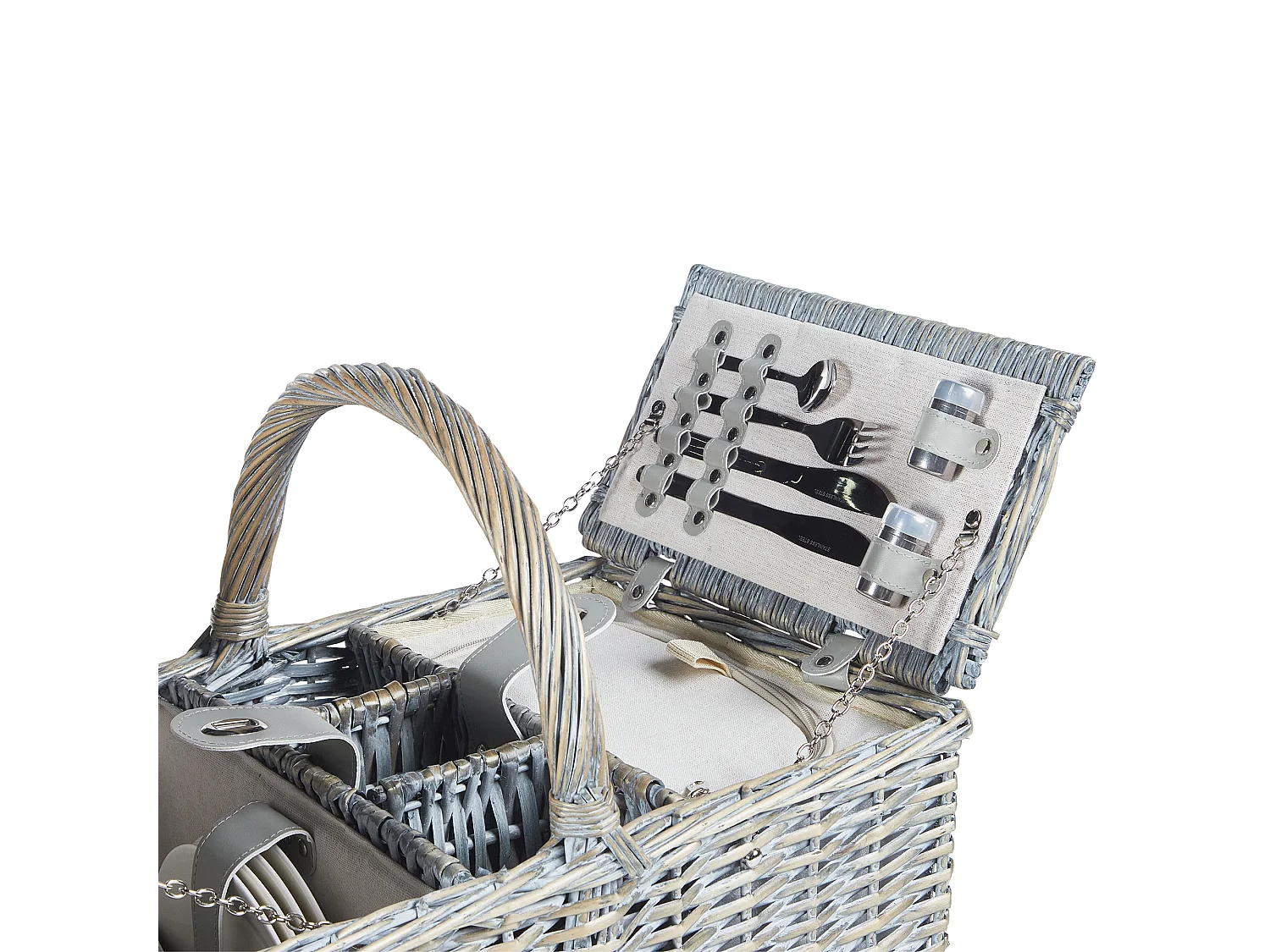 Picknickkorb 4 Personen Weide grau Kühltasche Teller Besteck Weingläser Groseille