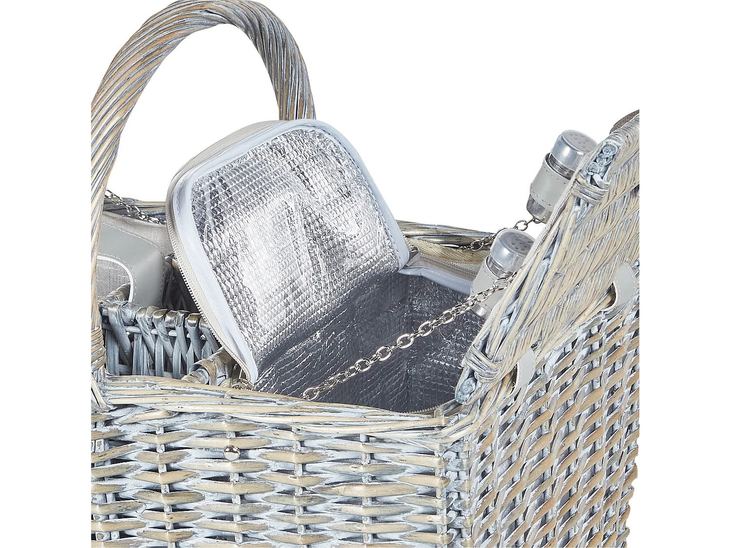 Picknickkorb 4 Personen Weide grau Kühltasche Teller Besteck Weingläser Groseille