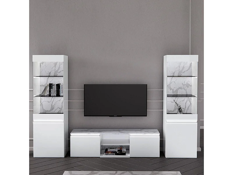 CHRIS WHITE - Ensemble Salon meuble TV Laqué Blanc Brillant et Imitation Marbre
