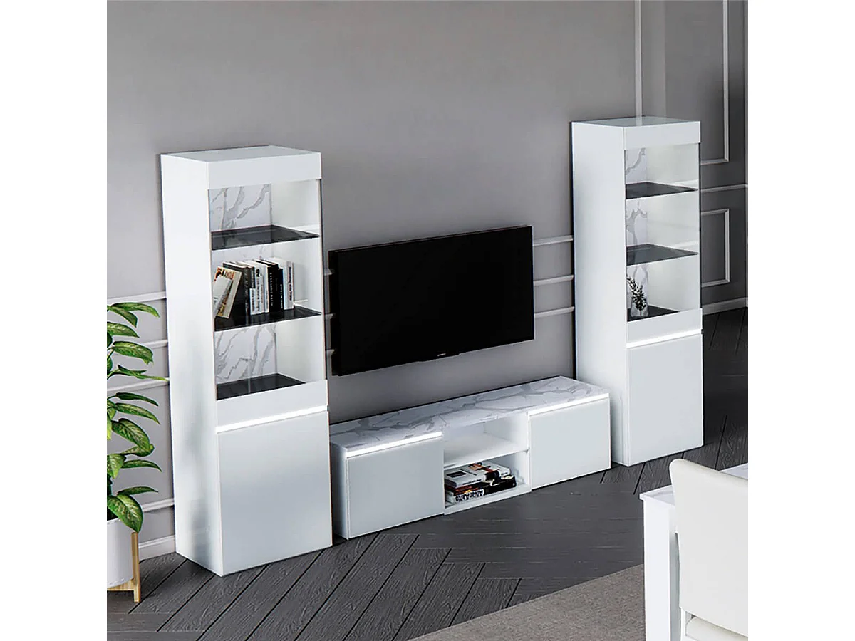 CHRIS WHITE - Ensemble Salon meuble TV Laqué Blanc Brillant et Imitation Marbre