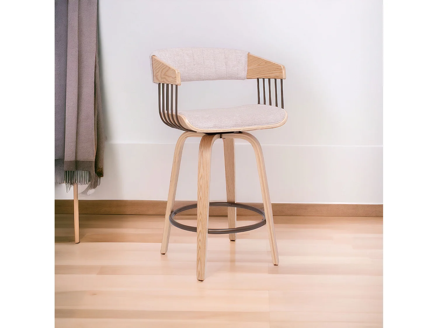 Colónia - Conjunto de 2 bancos estofados 49,5x92x37,5 cm em contraplacado e assento giratório em tecido bege