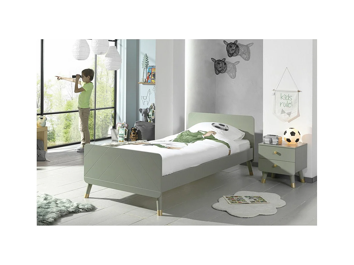 TINY GREEN - Pack Lit 90x200cm + Chevet 2 Tiroirs Vert Olive
