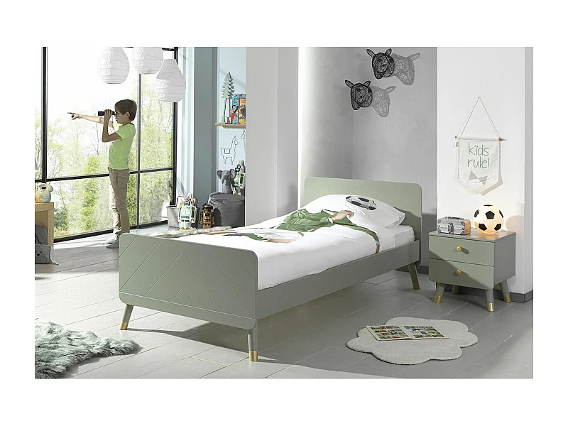 TINY GREEN - Pack Lit 90x200cm + Chevet 2 Tiroirs Vert Olive