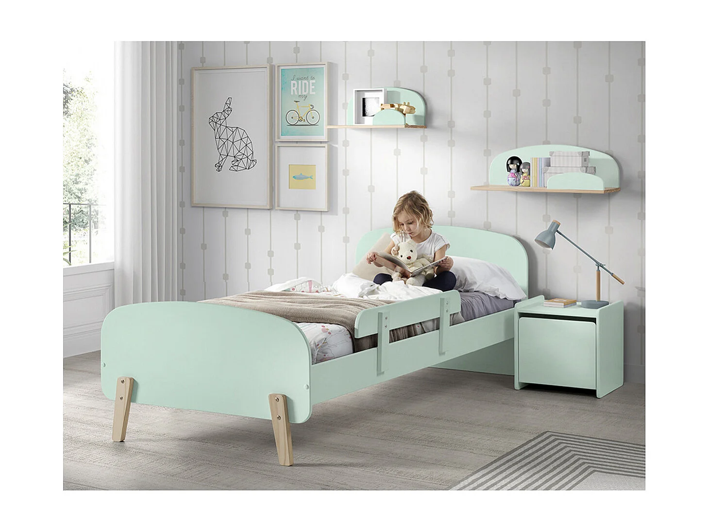 BODHI MINT - Lit 90x200cm avec Barrière + Chevet + Etagères