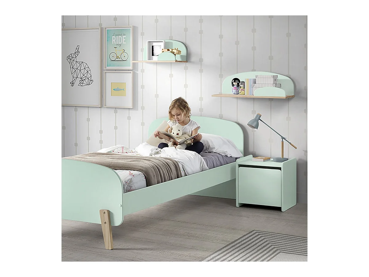 BODHI MINT - Lit 90x200cm avec Barrière + Chevet + Etagères
