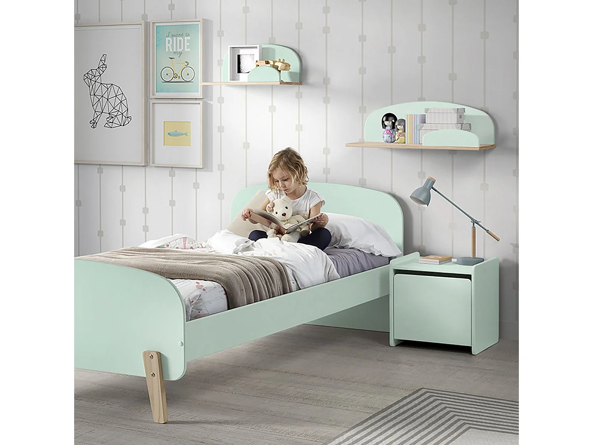 BODHI MINT - Lit 90x200cm avec Barrière + Chevet + Etagères