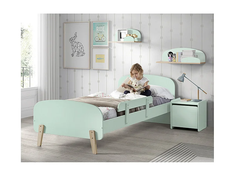 BODHI MINT - Lit 90x200cm avec Barrière + Chevet + Etagères