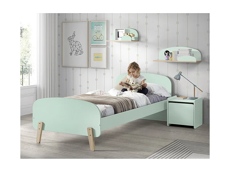 BODHI MINT - Lit 90x200cm + Chevet + 2 Etagères Murales