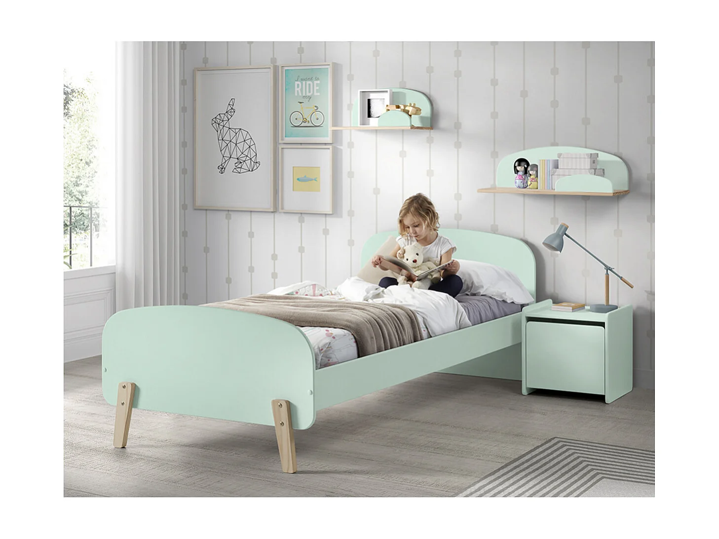 BODHI MINT - Lit 90x200cm + Chevet + 2 Etagères Murales