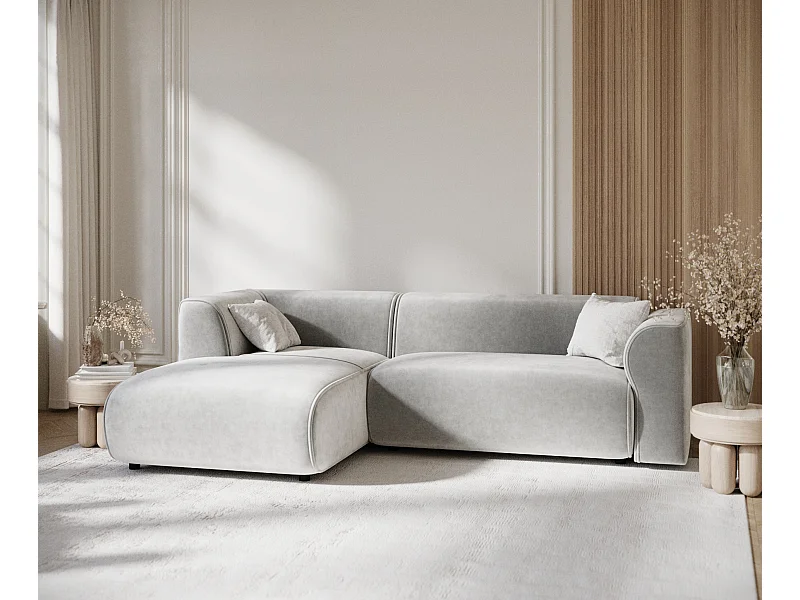 Canapé d'angle en tissu velours Melani - 4 places - gris clair