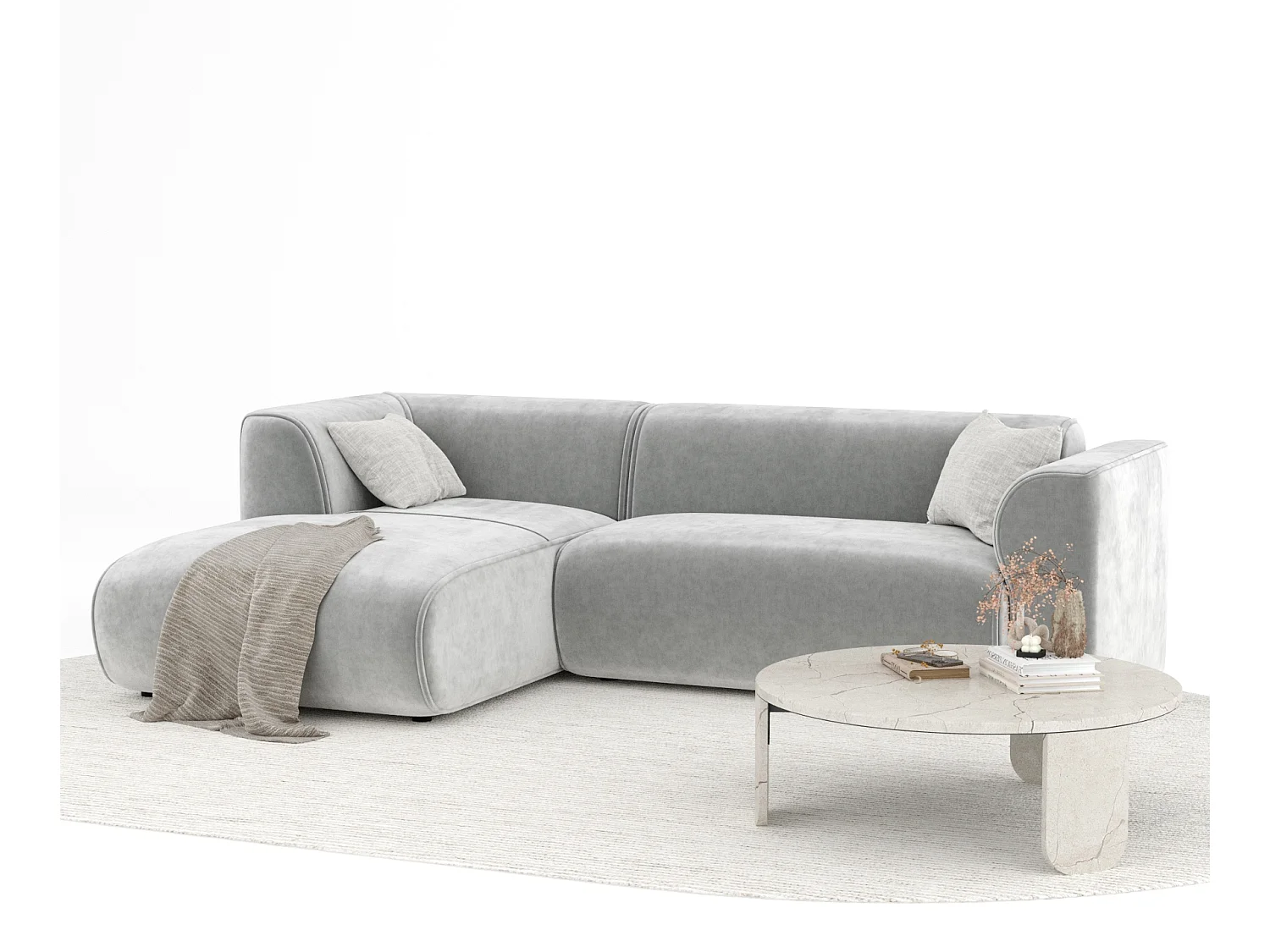 Canapé d'angle en tissu velours Melani - 4 places - gris clair