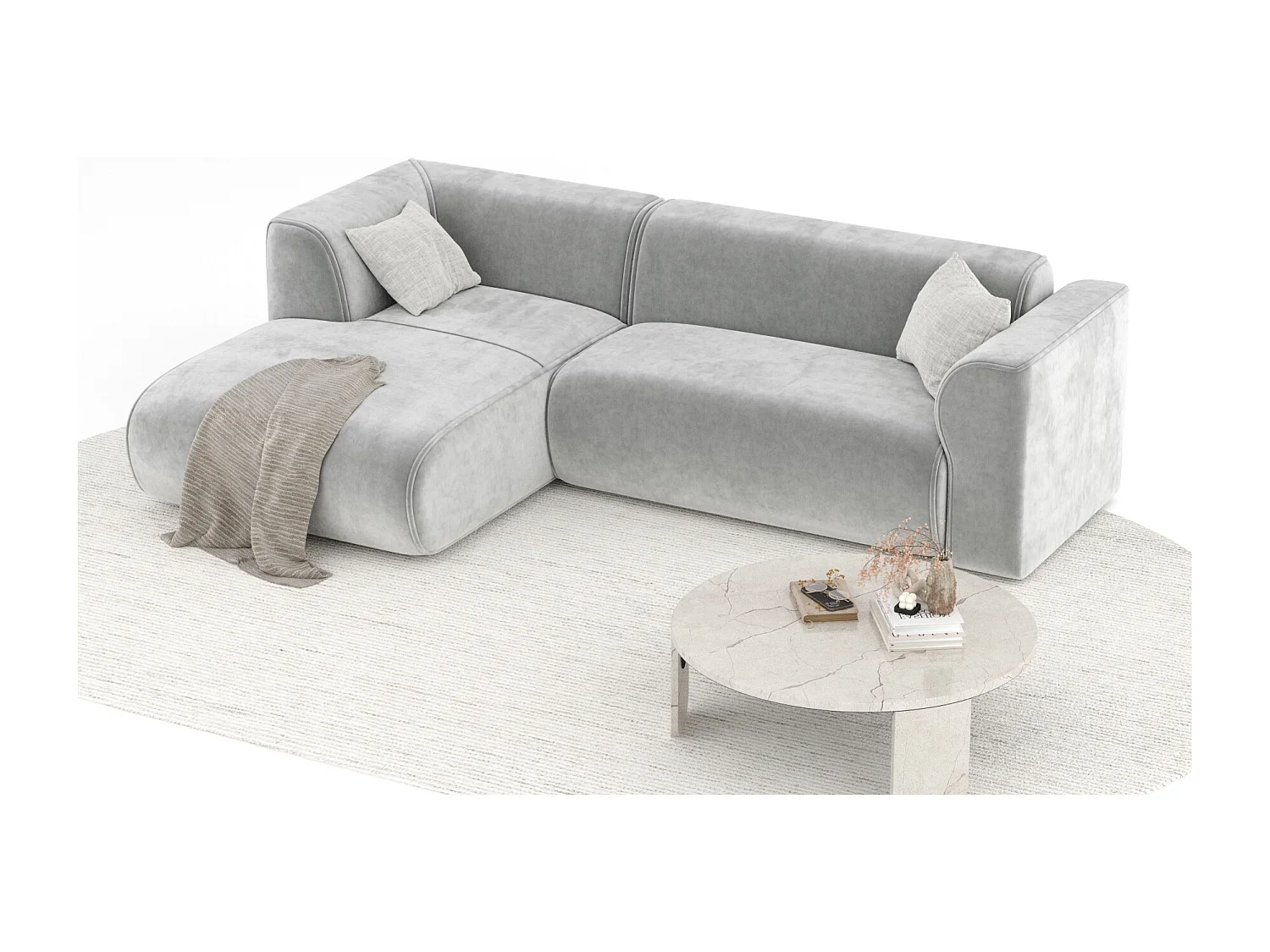 Canapé d'angle en tissu velours Melani - 4 places - gris clair