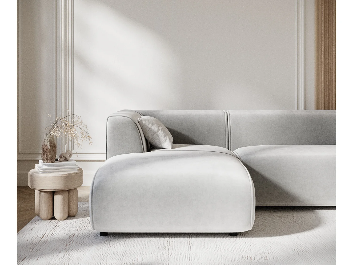 Canapé d'angle en tissu velours Melani - 4 places - gris clair