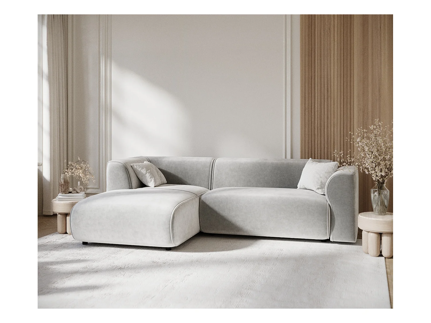 Canapé d'angle en tissu velours Melani - 4 places - gris clair